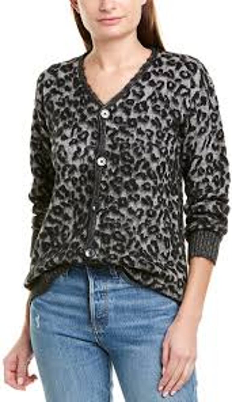 La Vie Rebecca Taylor Women Wool Leopard Print Cardigan Gray V-Neck Small